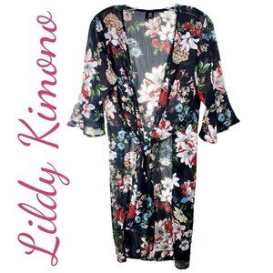 LILDY DARK FLORAL OPEN TIE FRONT KIMONO DUSTER SEMI-SHEER FLUTTER SLEEVE, MEDIUM